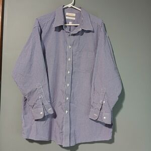 Gold Label Roundtree & Yorke Shirt Size 17 1/2-33 Poplin Ez Wash Purple Plaid